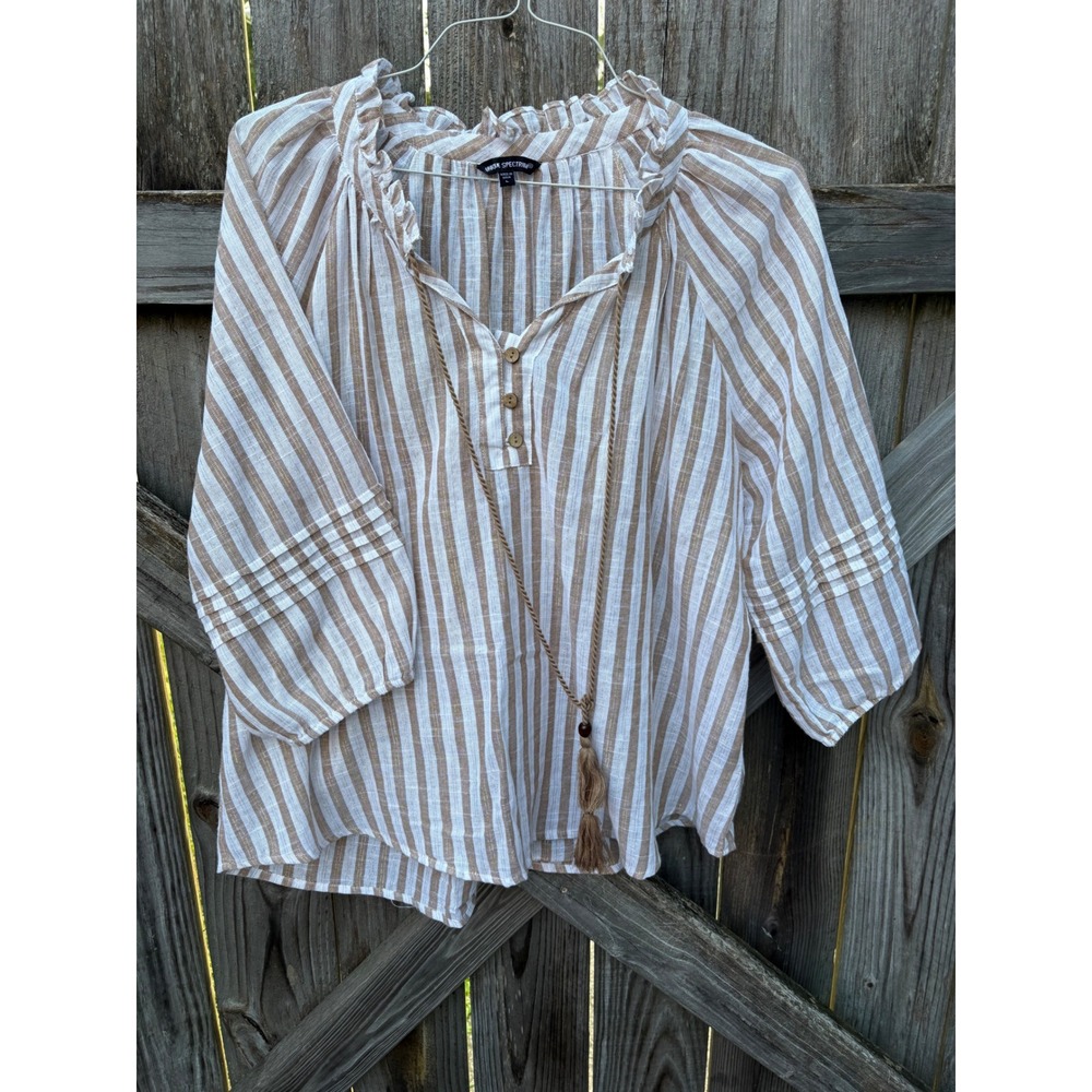 Unique Spectrum Womens Large Cotton Striped Boho Blouse Gold Metallic Tan White